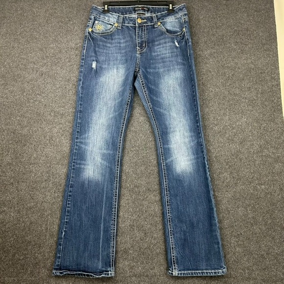 Love Nation Denim - Love Nation Womens 10 Jeans Blue Distressed Straight Leg Embellished Cross Patch